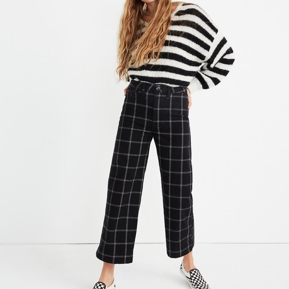 Emmett Wide-leg Cropped Pants Black Windowpane